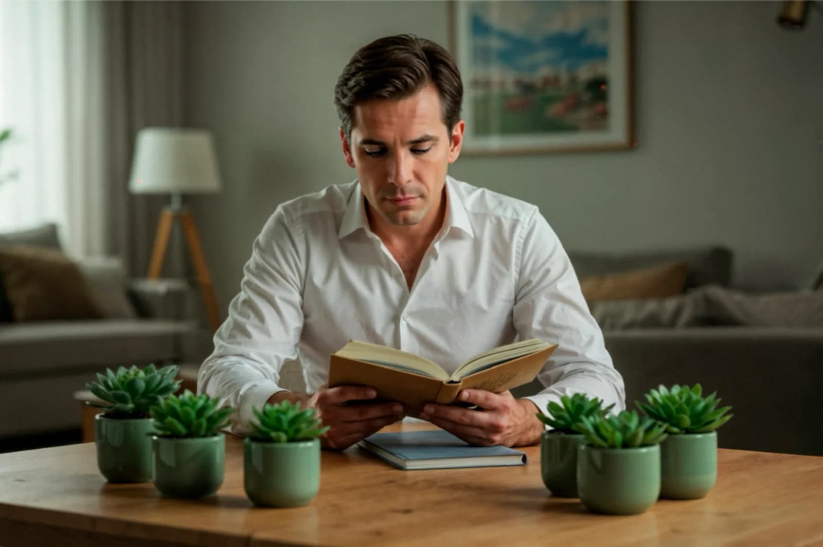 Man reading a book comfortably at close range, illustrating clear near vision in myopia (nearsightedness)